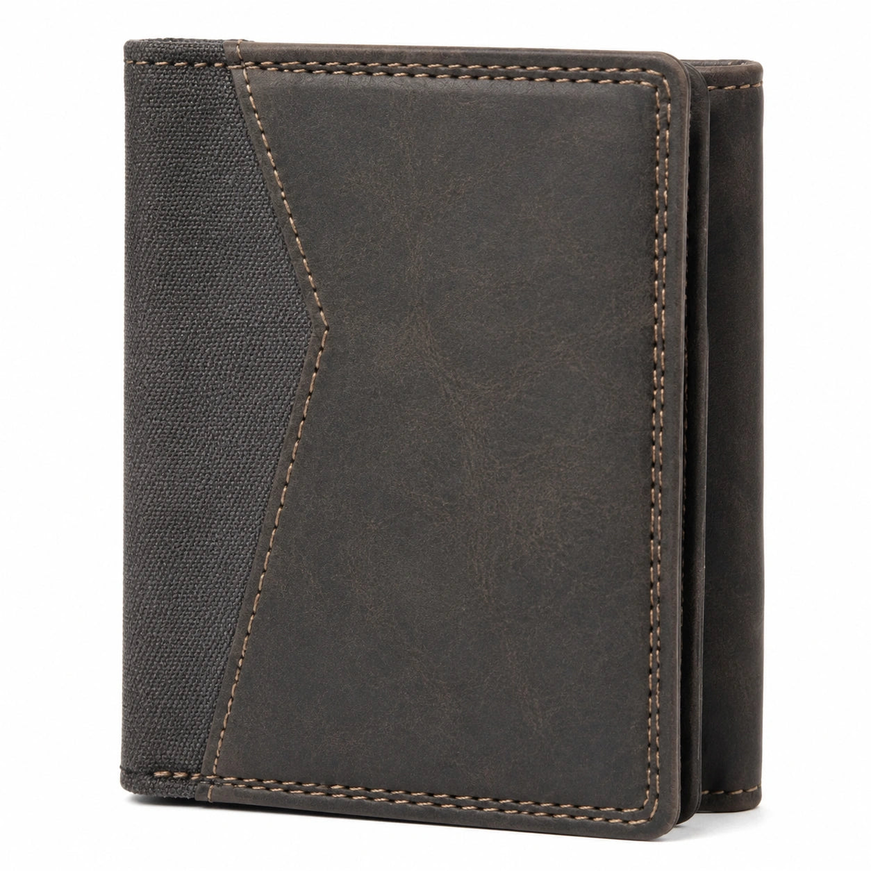 Portefeuille pliant 12 x 9.5 cm en simili cuir marron foncé avec empiècement textile style bicolore