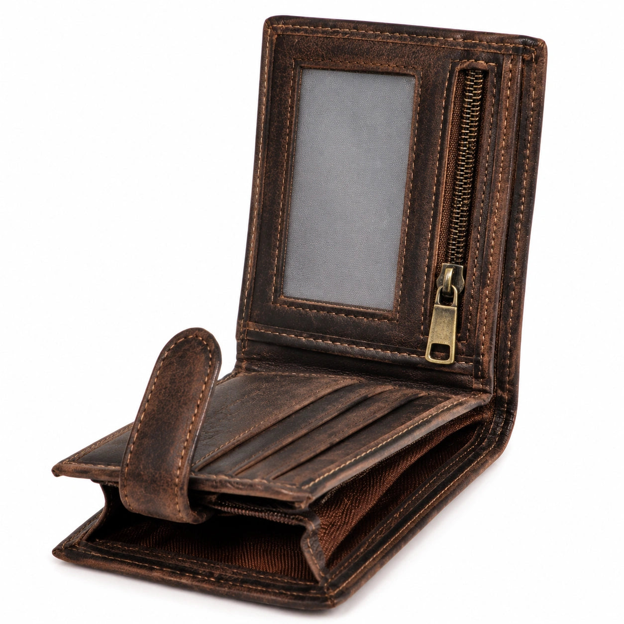 Portefeuille compact 12 x 10 x 2 cm brun en matière synthétique aspect cuir avec porte-cartes et poche zippée