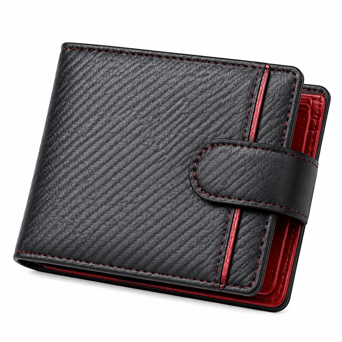 Portefeuille 12 x 9 x 2 cm en cuir synthétique noir/rouge à fermeture pression style texturé