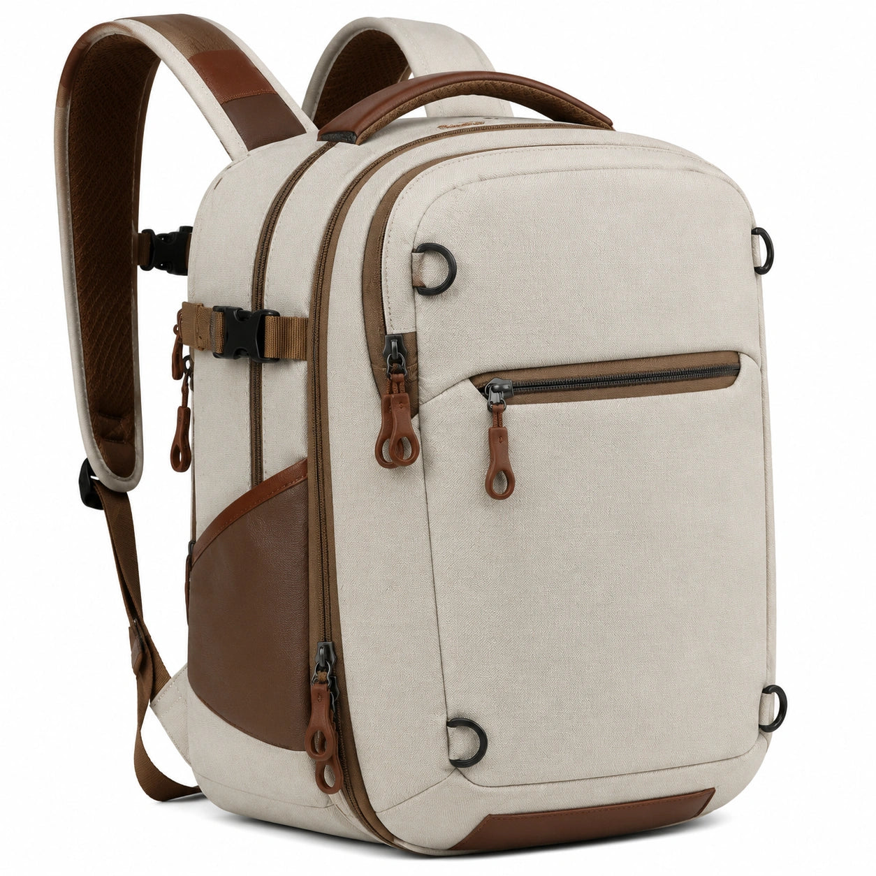 Sac à dos 48 x 32 x 18 cm en textile beige et marron pour voyage avec compartiments zippés