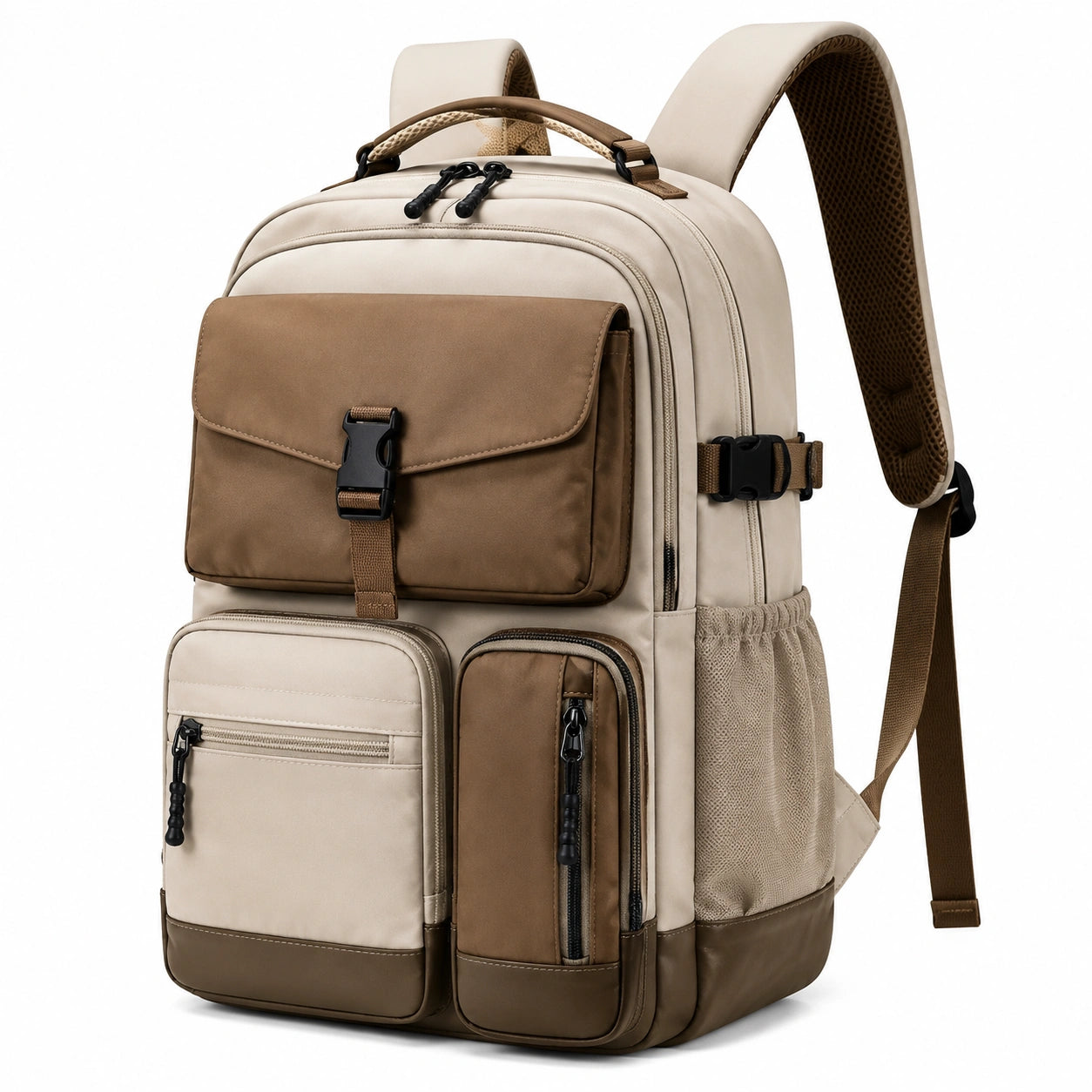 Sac à dos 32 x 18 x 45 cm en tissu synthétique beige et marron à compartiments multiples
