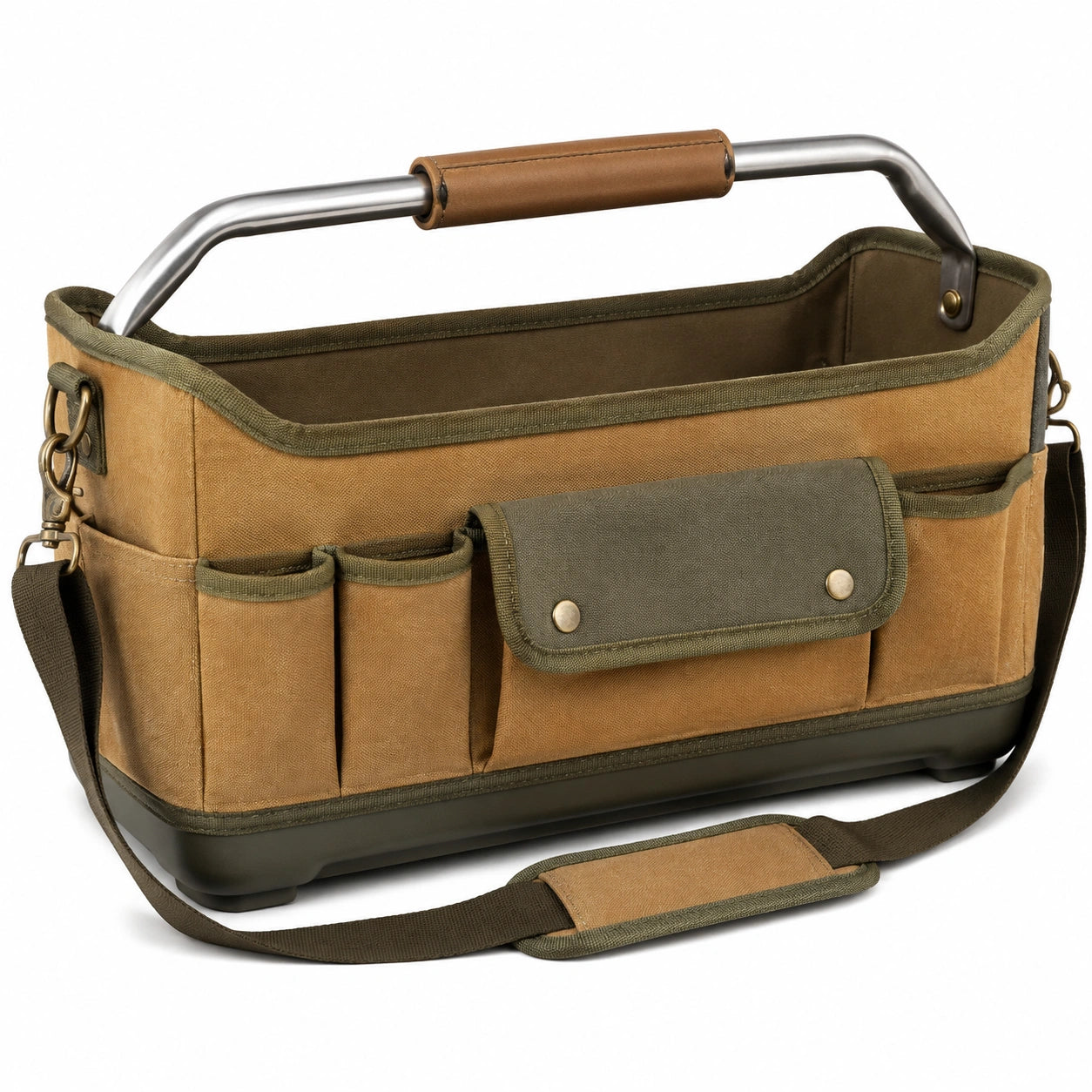 Sac de rangement pour outils 40 x 20 x 30 cm en toile marron et vert avec bandoulière