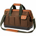 Sac à outils 45 cm en toile marron et vert avec bandoulière et base rigide
