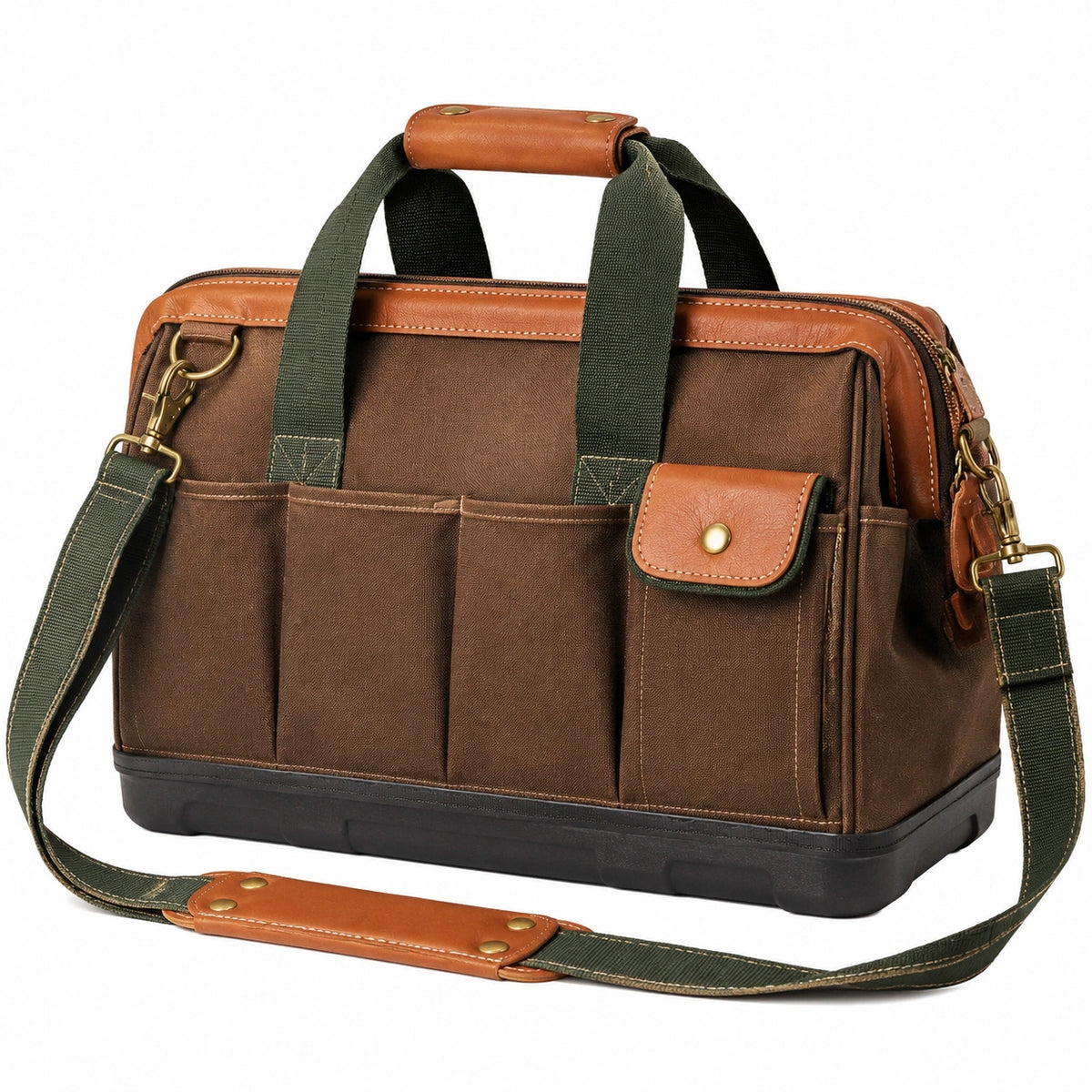 Sac à outils 45 cm en toile marron et vert avec bandoulière et base rigide