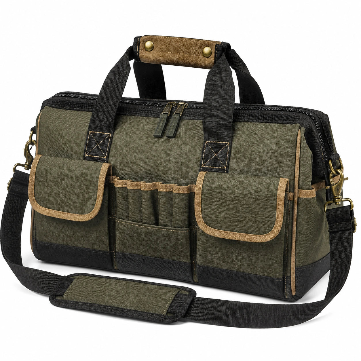 Sac à outils 40 x 18 x 28 cm en toile vert kaki avec bandoulière rangement multifonction