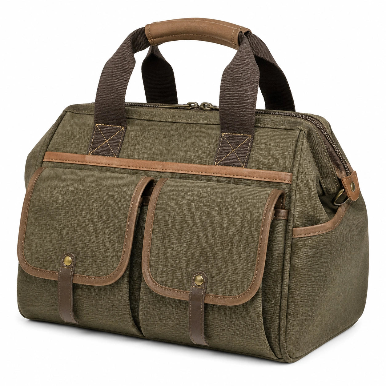 Sac de voyage 40 cm en toile kaki et similicuir style vintage