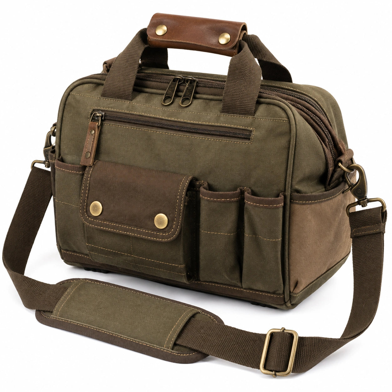 Sac de voyage 38 x 16 x 28 cm en toile kaki et marron à bandoulière style vintage