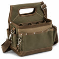 Sac à outils 38 x 20 x 32 cm en toile vert kaki et marron avec bandoulière réglable