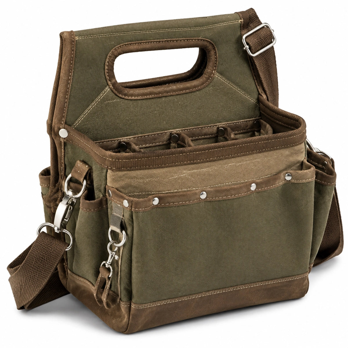Sac à outils 38 x 20 x 32 cm en toile vert kaki et marron avec bandoulière réglable
