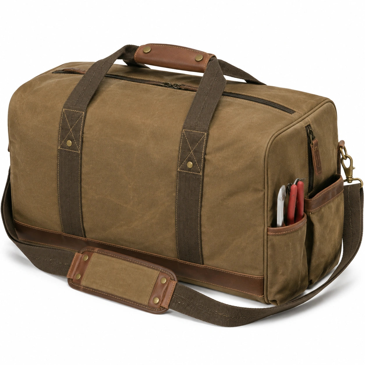 Sac de voyage 50 cm en toile marron avec bandoulière et poches zippées