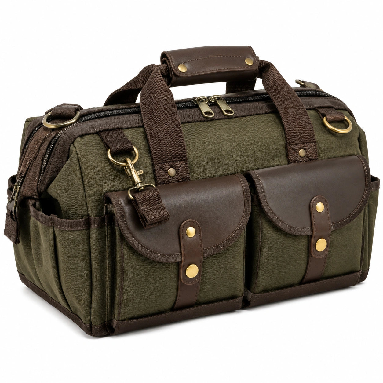 Sac de voyage 45 x 25 x 28 cm en toile vert kaki et brun avec poches multiples