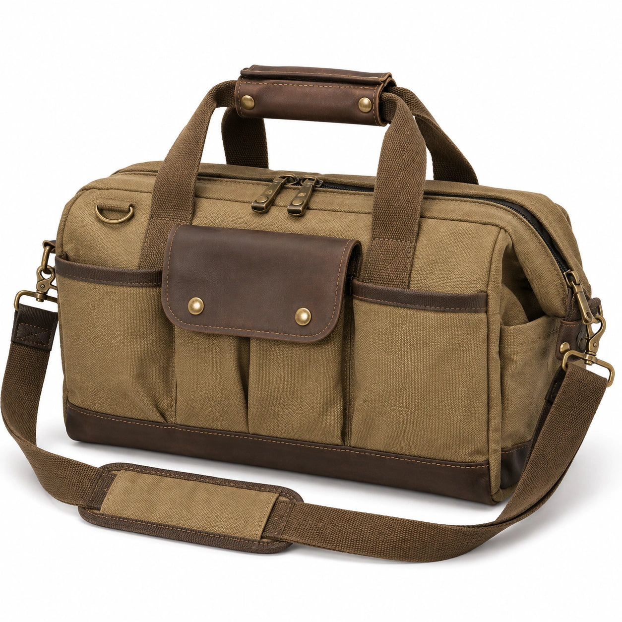Sac de voyage 45 x 25 x 28 cm en toile kaki et similicuir marron à bandoulière