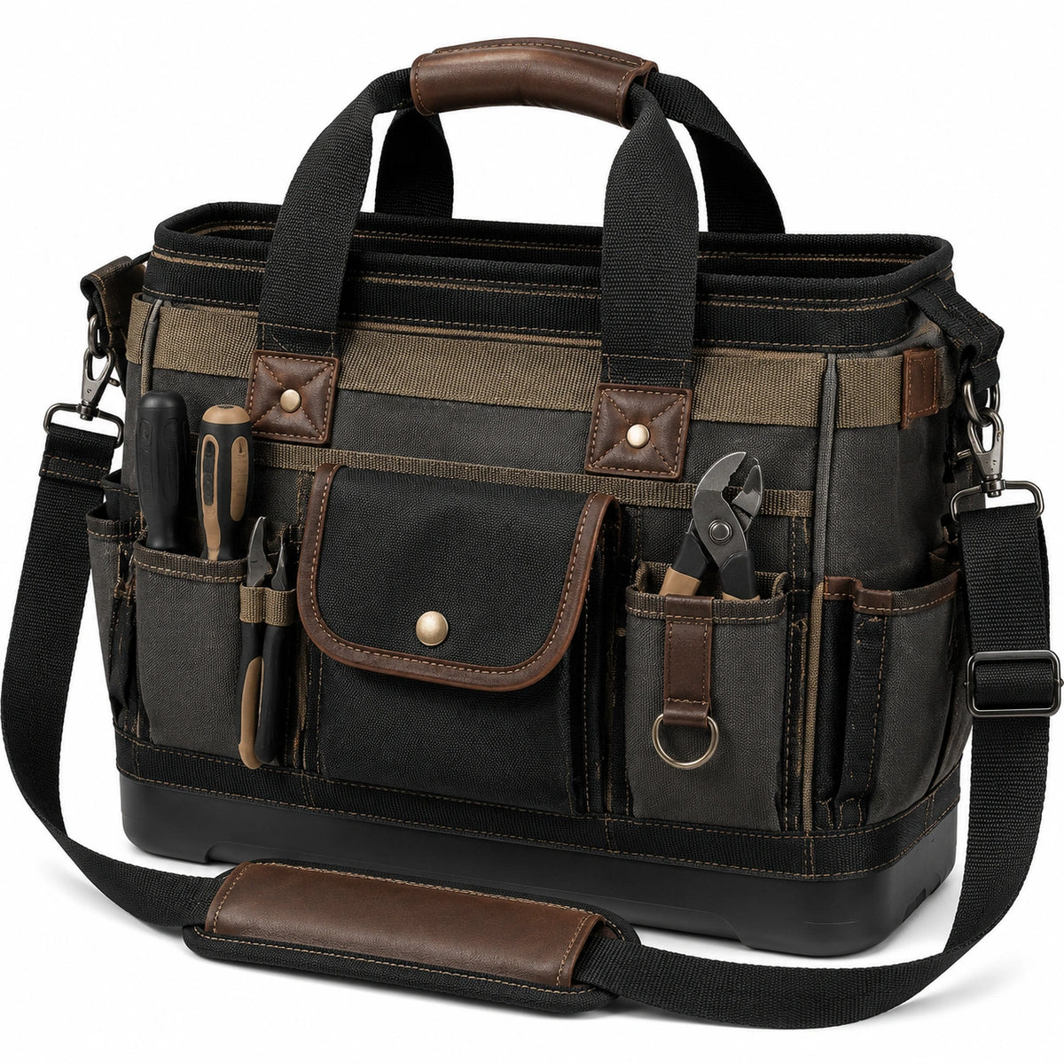 Sac à outils 45 x 25 x 35 cm en polyester noir et marron avec bandoulière et poches de rangement