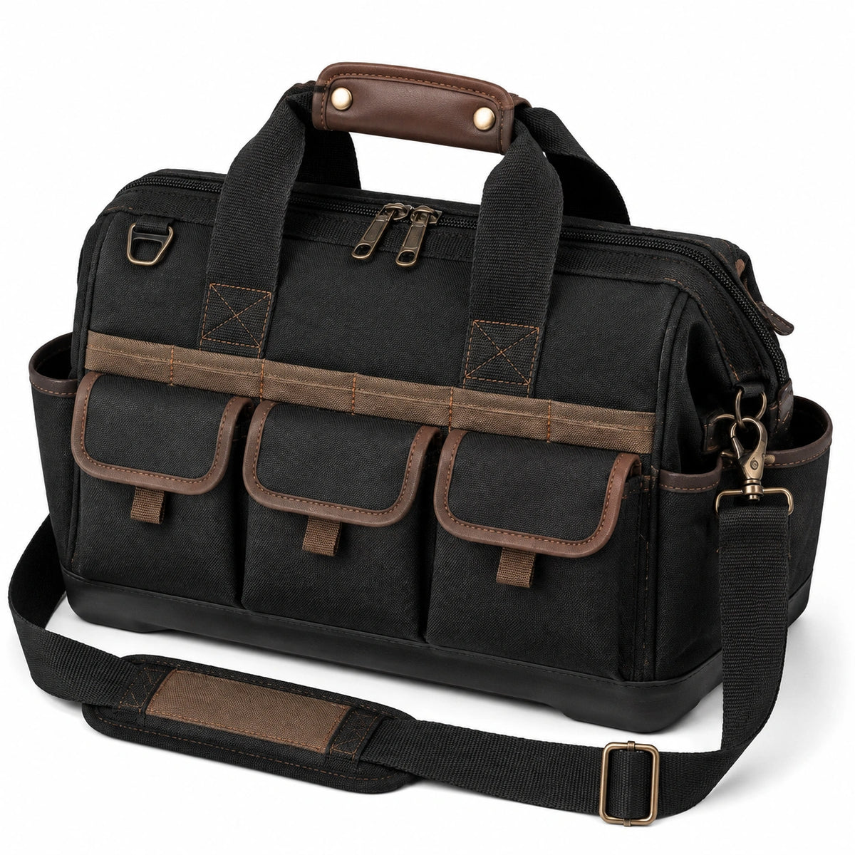 Sac de voyage 45 x 25 x 30 cm en toile noire et marron à bandoulière avec poches