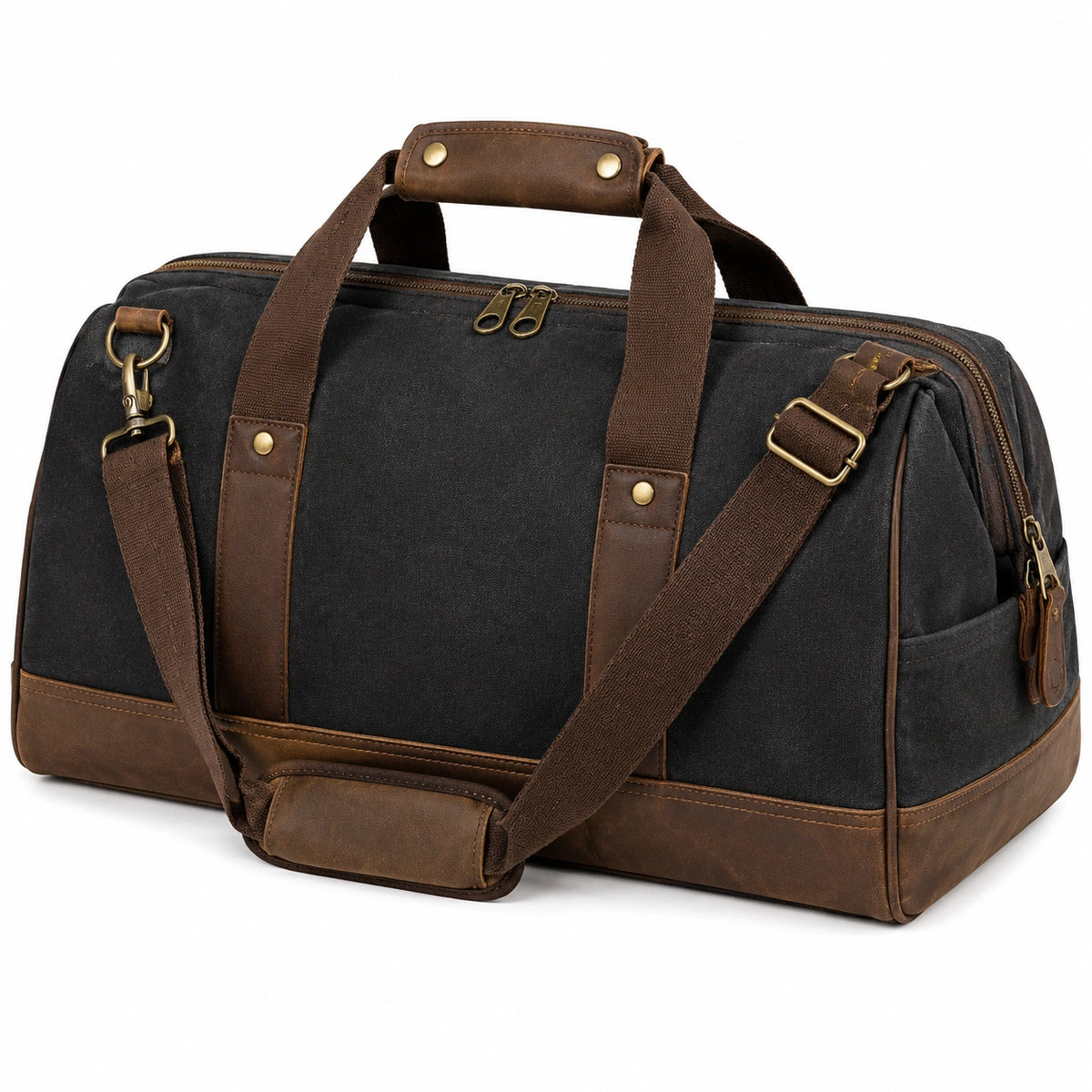Sac de voyage 50 cm en toile noire et marron avec bandoulière réglable