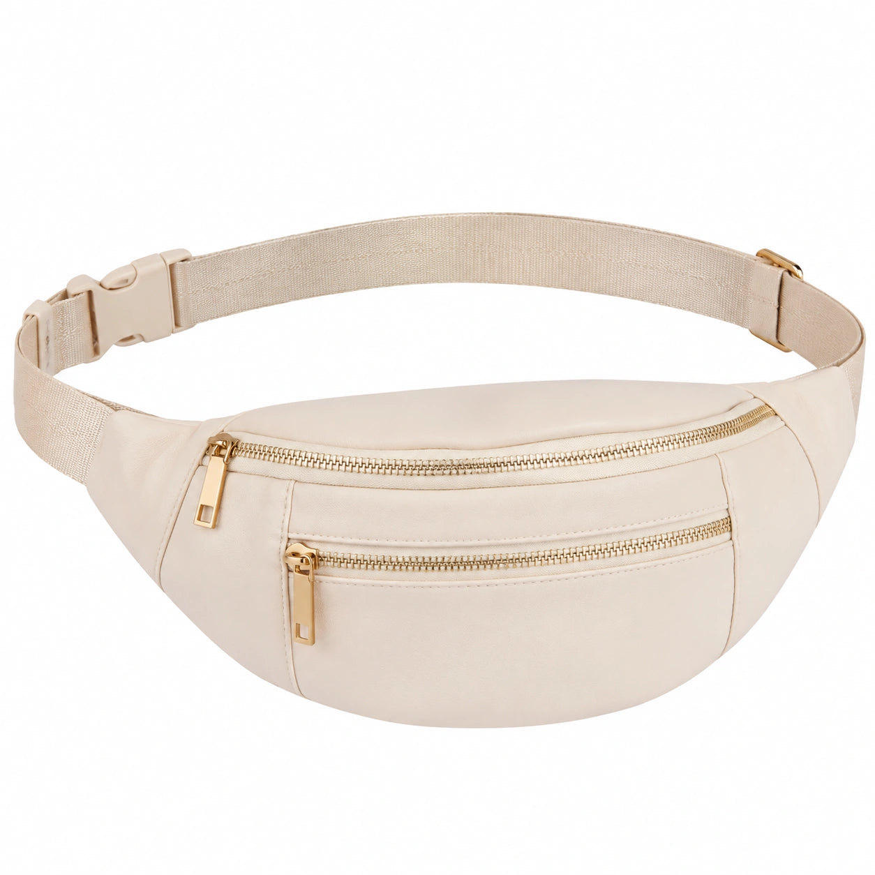Sac banane 30 cm en cuir synthétique beige avec sangle réglable et poches zippées