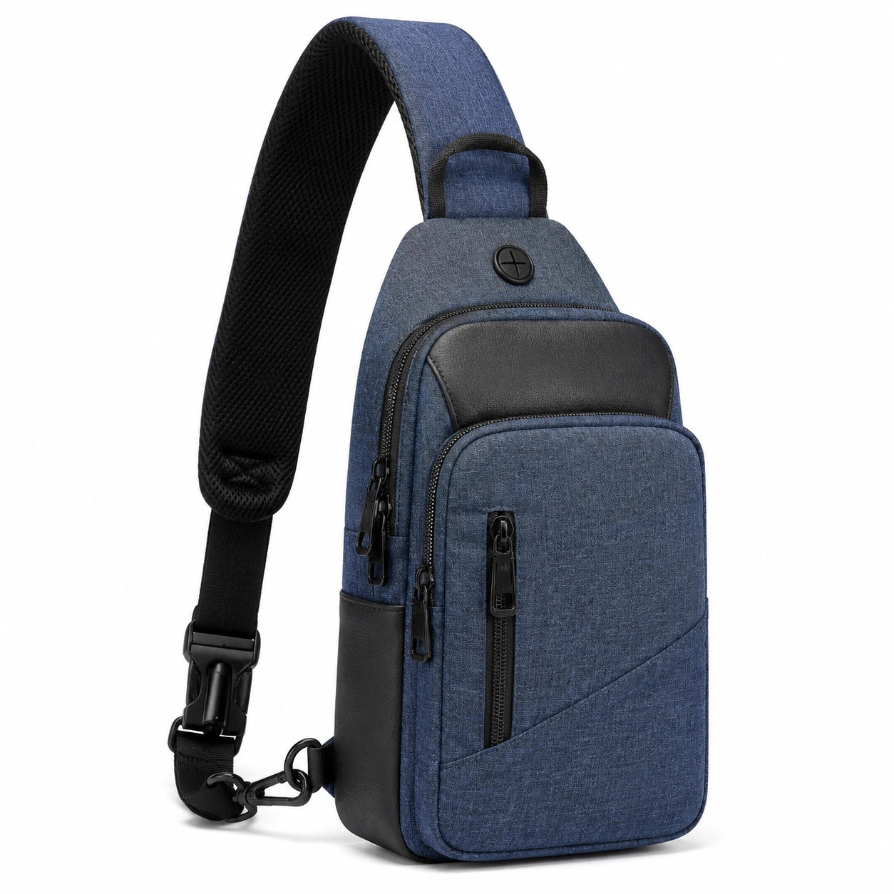 Sac bandoulière 18 x 8 x 30 cm en tissu synthétique bleu avec rangements zippés style urbain