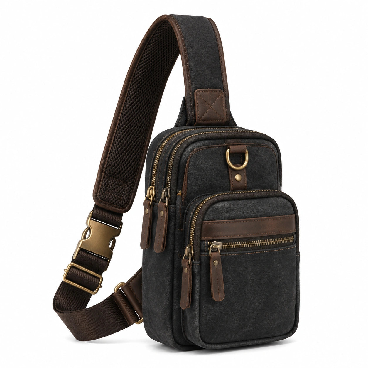 Sac bandoulière 18 x 10 x 32 cm en similicuir noir marron pour usage quotidien à compartiments zippés