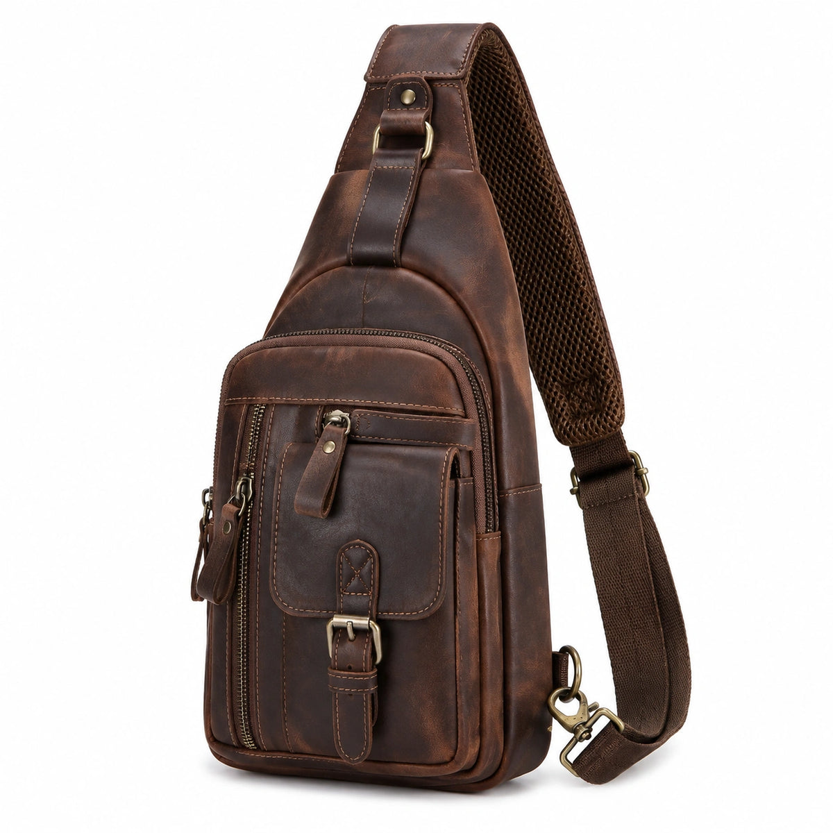 Sac à bandoulière 32 cm en similicuir marron style vintage multi-poches