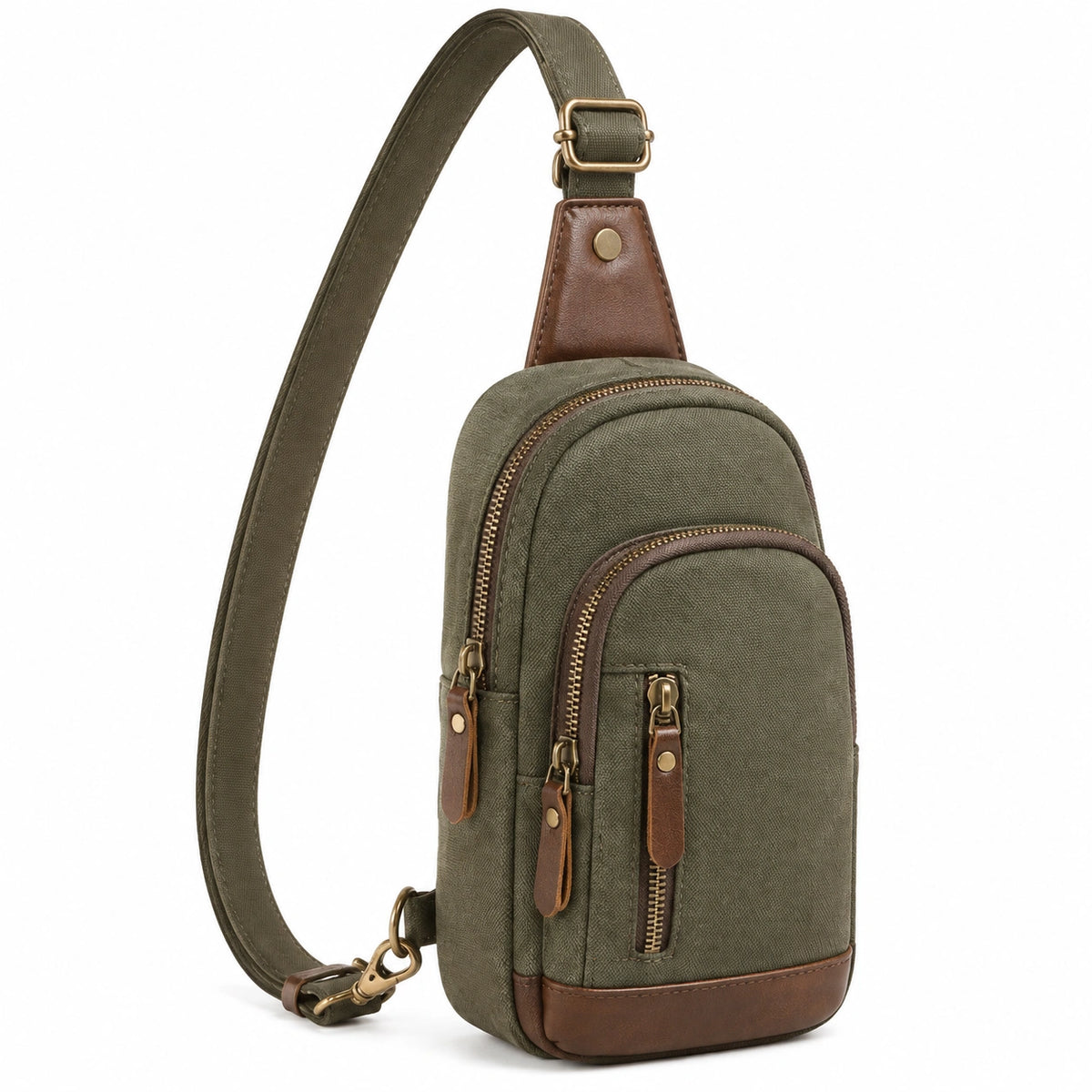 Sac à dos bandoulière 18 x 8 x 32 cm en toile vert kaki pour usage quotidien style vintage à poches zippées