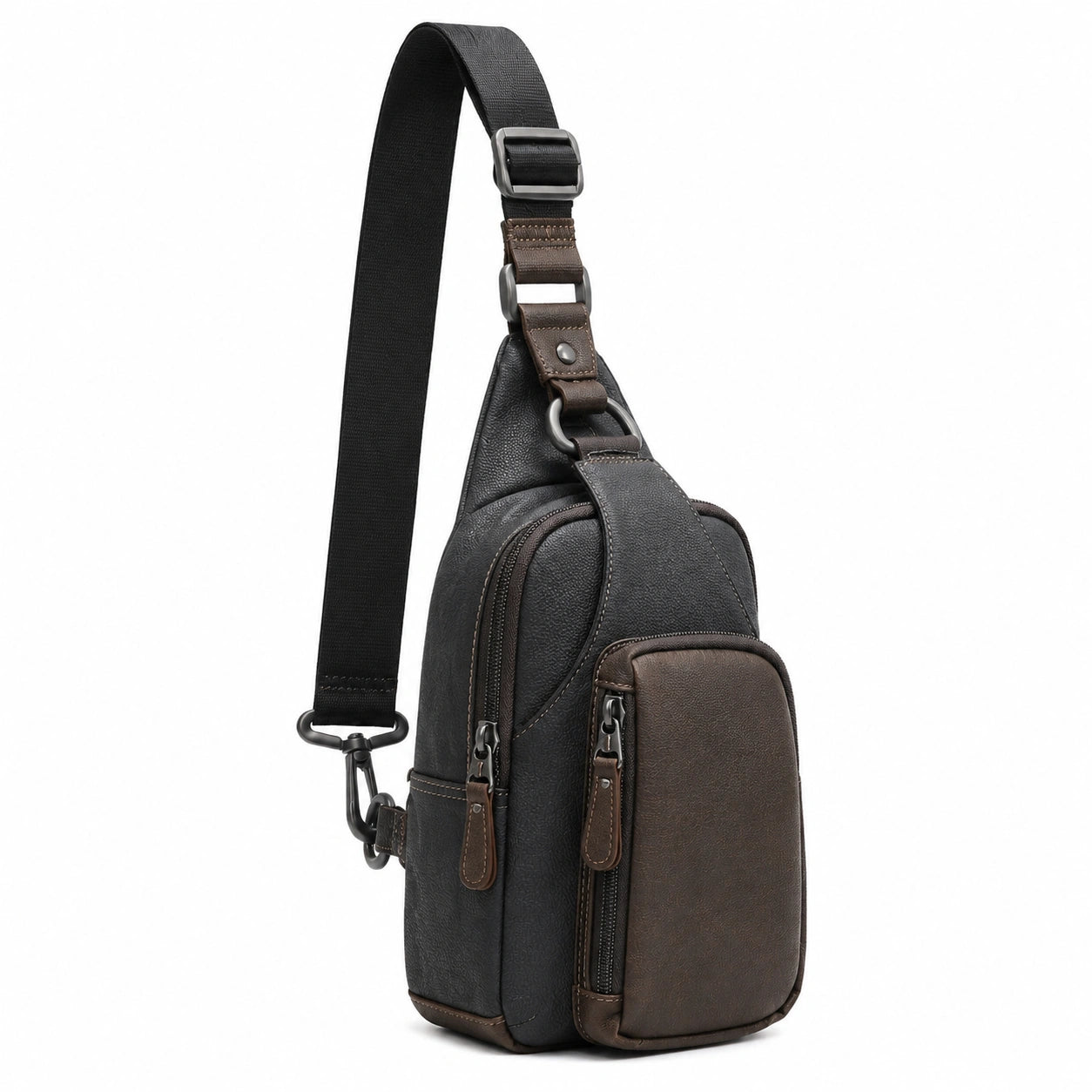 Sac bandoulière poitrine 18 x 8 x 32 cm en similicuir noir/marron avec poches zippées