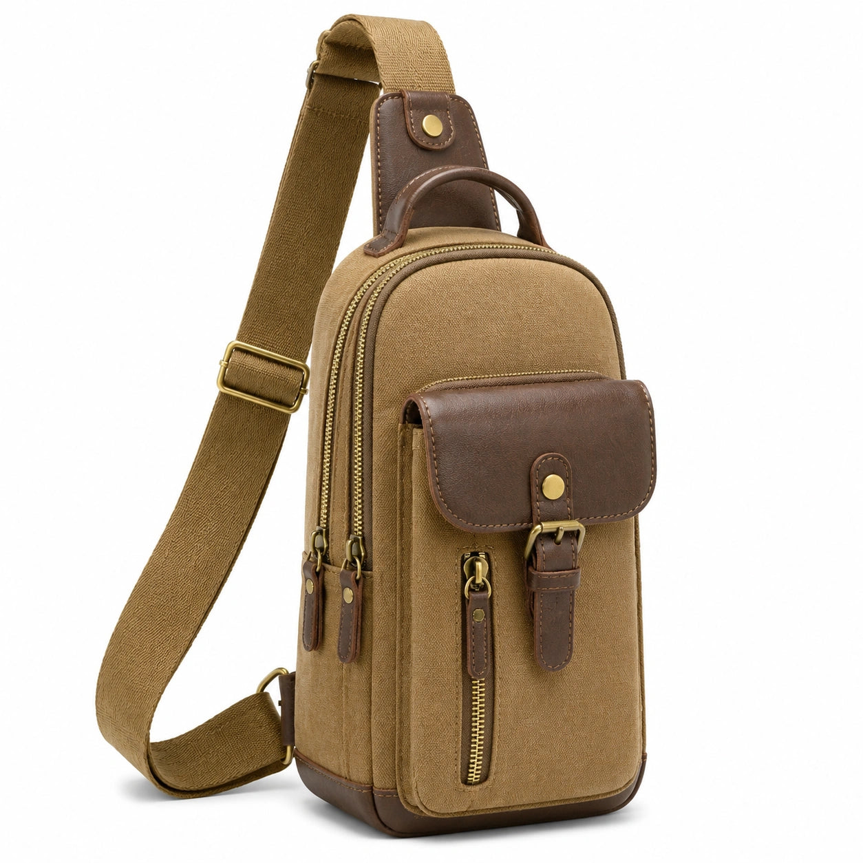 Sac à dos bandoulière 18 x 9 x 32 cm en toile kaki et similicuir marron style urbain