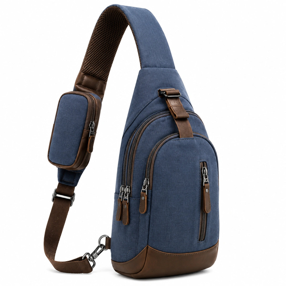 Sac bandoulière 18 x 8 x 32 cm en tissu bleu et marron à compartiments zippés