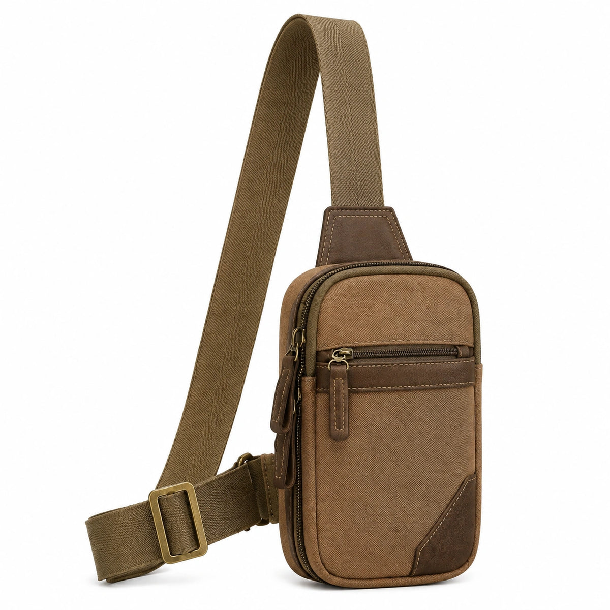 Sac bandoulière 18 x 10 x 5 cm en textile marron avec détails aspect cuir style urbain