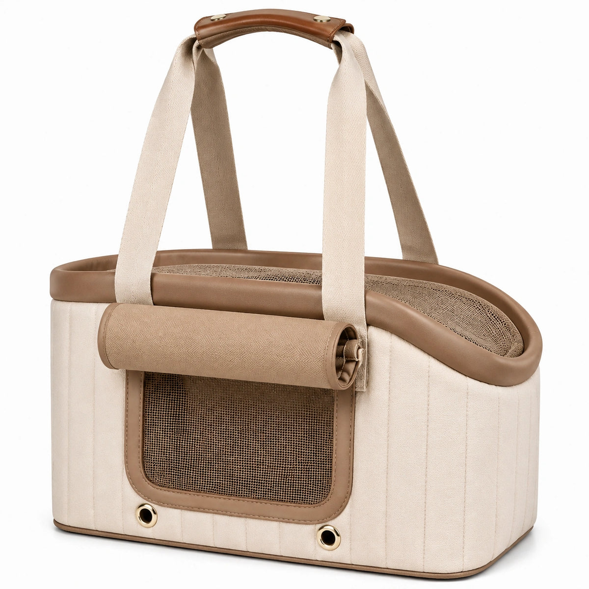 Sac de transport pour chat 45 x 30 x 32 cm en textile beige et marron avec fenêtre aérée