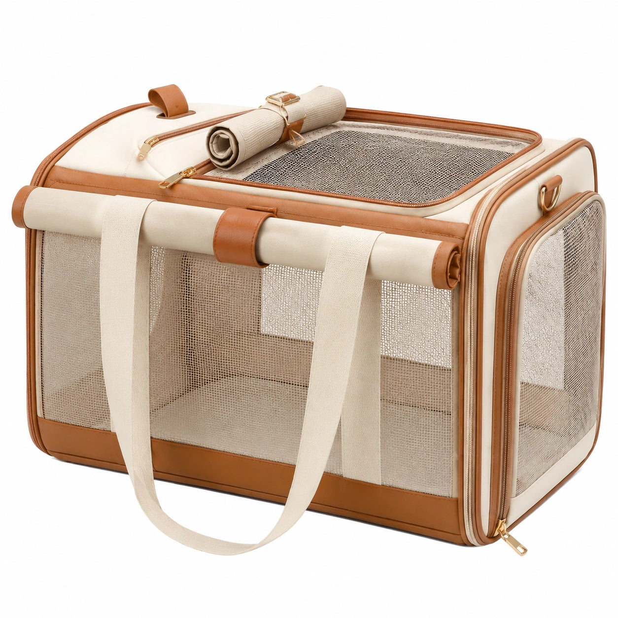 Sac de transport pour animaux 45 x 30 x 35 cm en textile beige et marron pliable avec maille aérée