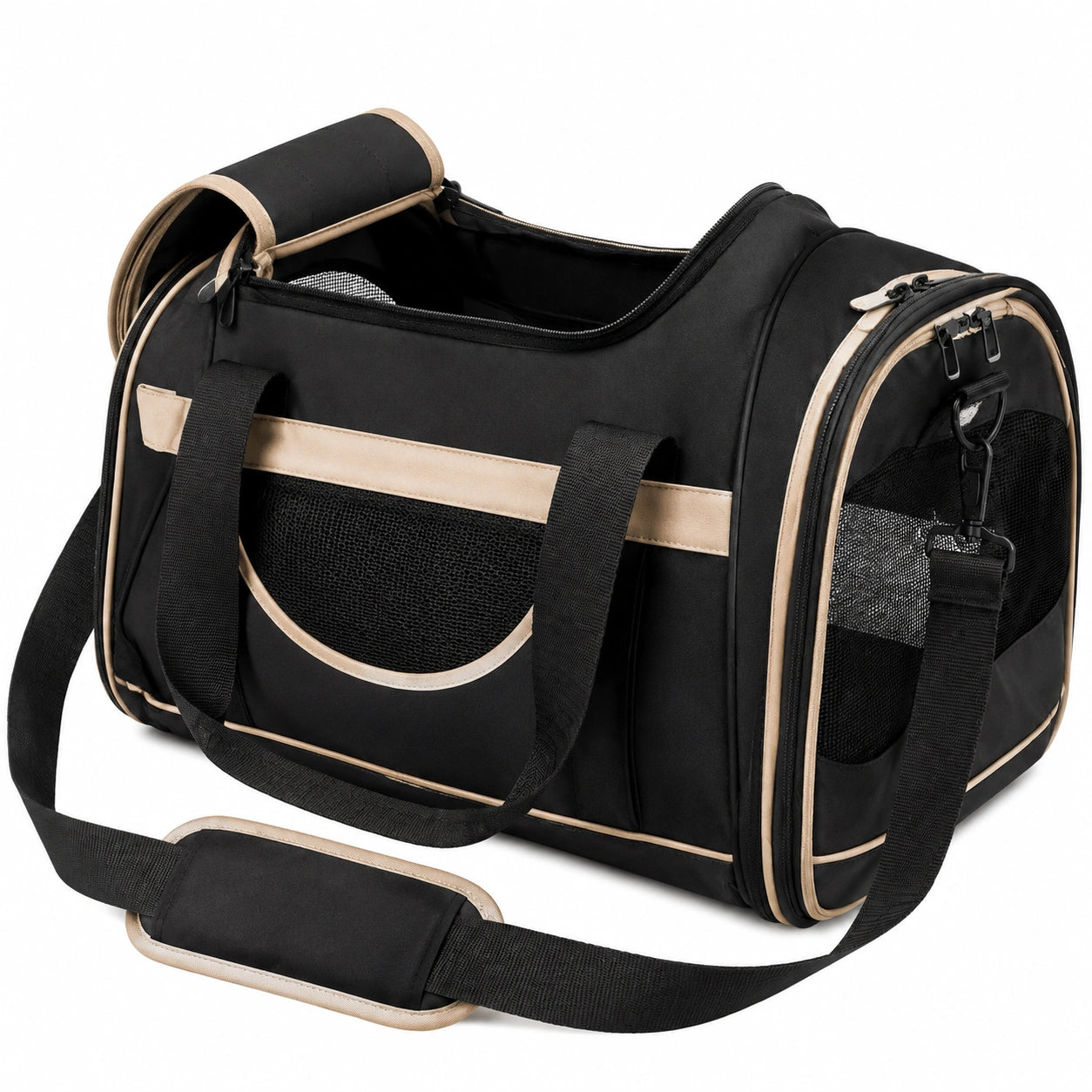 Sac de transport pour animaux 45 x 28 x 30 cm en polyester noir et beige avec bandoulière et panneaux en maille
