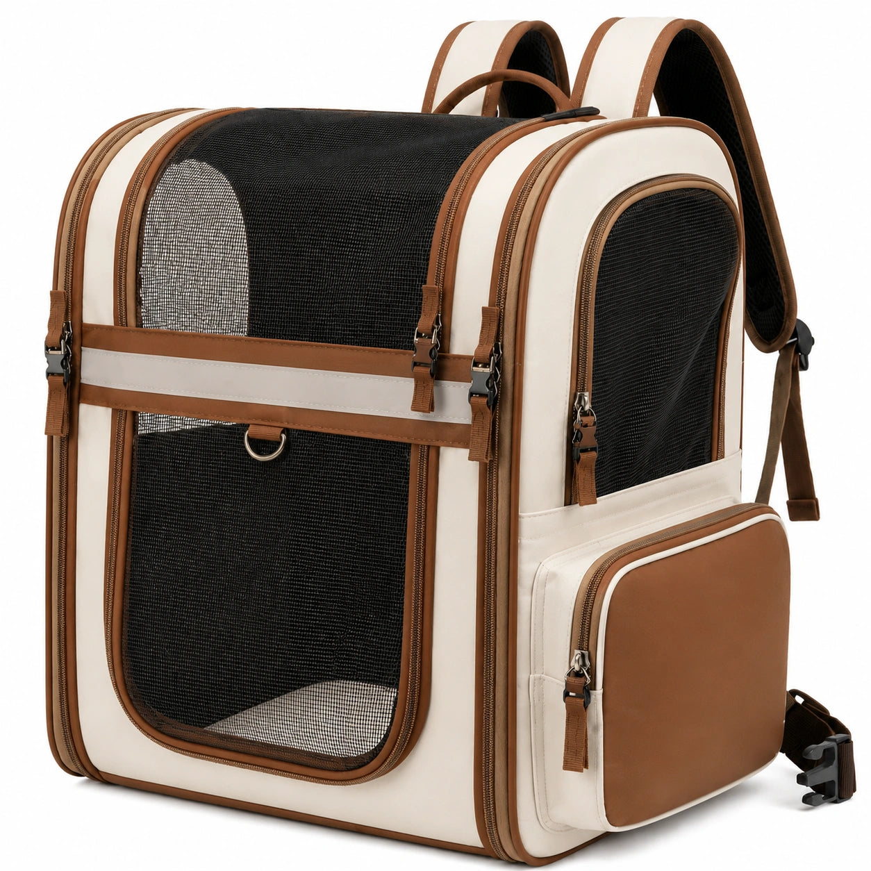 Sac à dos de transport pour animaux 42 x 30 x 45 cm en textile beige et marron avec maille respirante