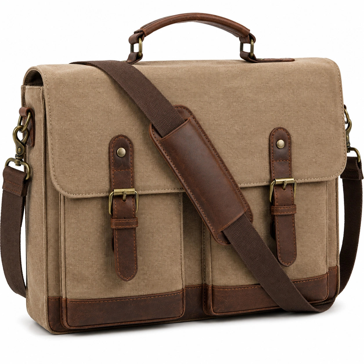 Sacoche pour ordinateur portable 40 cm en toile beige marron style vintage à bandoulière