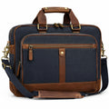 Sacoche ordinateur 42 cm en toile bleu marine et similicuir marron avec bandoulière