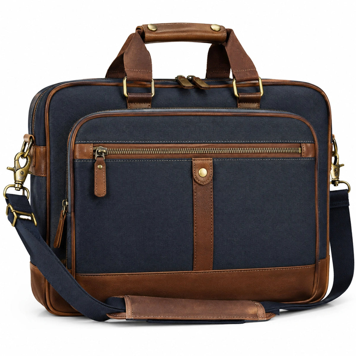 Sacoche ordinateur 42 cm en toile bleu marine et similicuir marron avec bandoulière