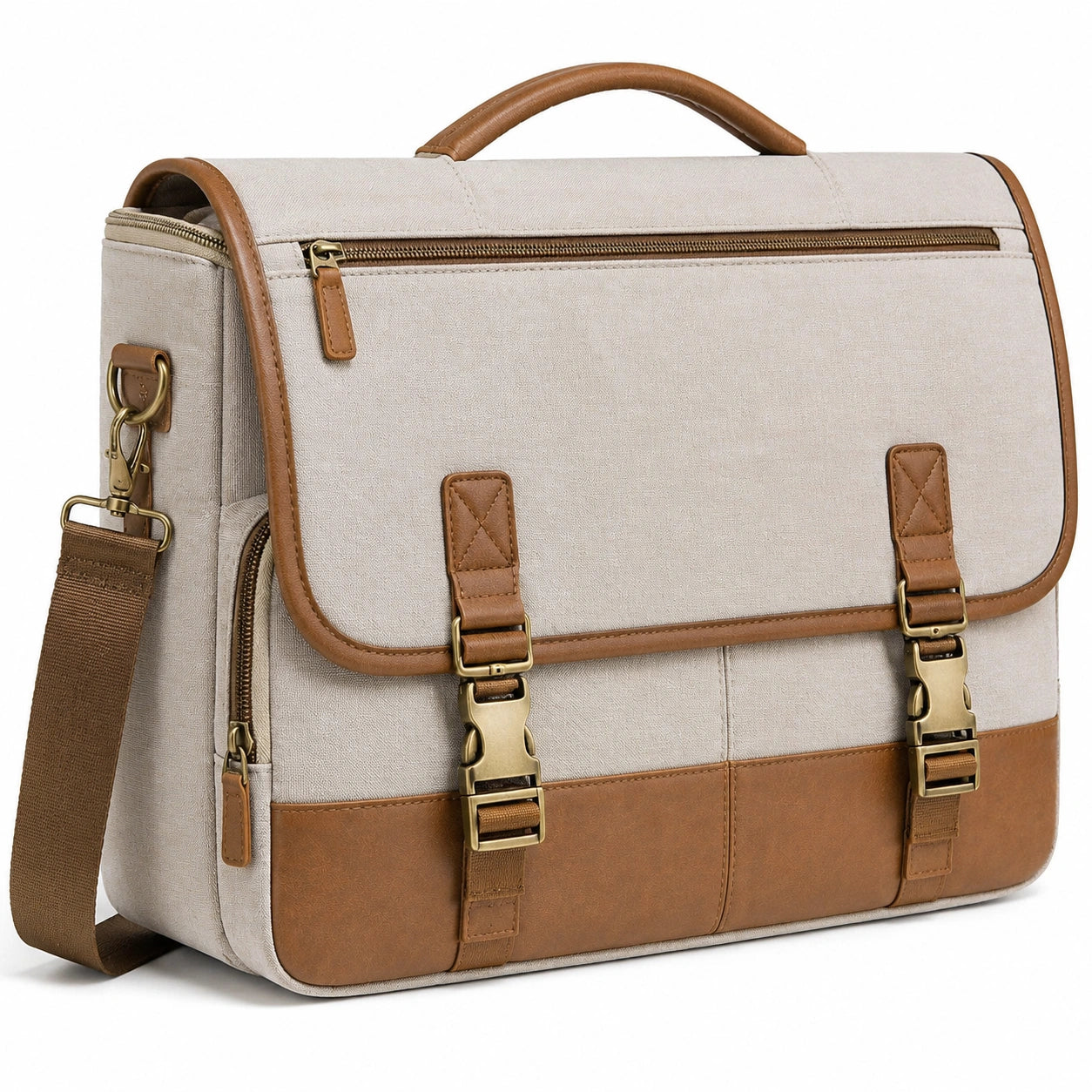 Sac messager 40 x 12 x 30 cm en toile beige et similicuir marron pour ordinateur portable