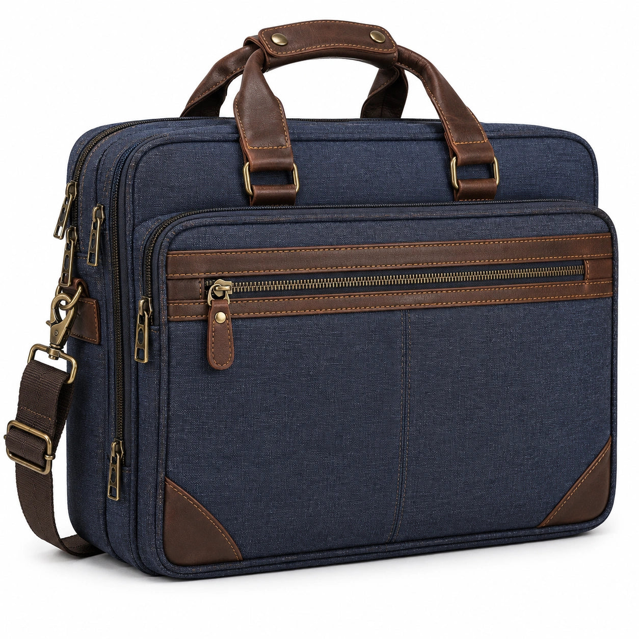 Sacoche ordinateur 42 x 10 x 32 cm en toile bleu marine et marron avec bandoulière style vintage